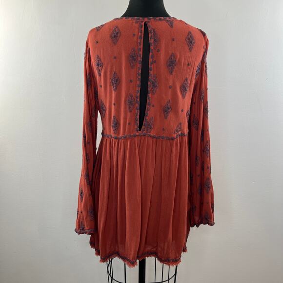 FREE PEOPLE Orange Tunic Top Rayon Diamond Embroidered Ribbed VNeck Size Small S - Picture 6 of 9